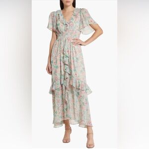Ruffled V-Neck Maxi Dress in pink and green Floral